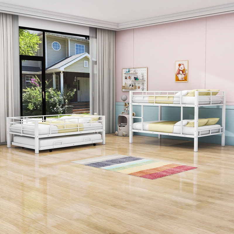 Lit superposé simple au-dessus de simple au-dessus de simple avec lit gigogne Amrika, Blanc