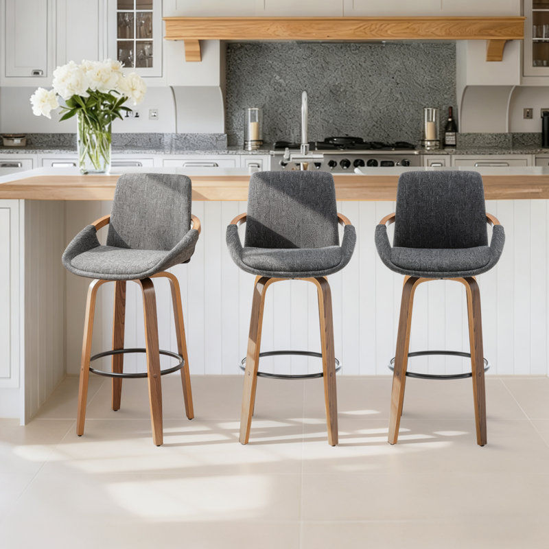 Benno 3-Piece Swivel Upholstered Counter Stool Set, Bar Stool (30” Seat Height), Gray/Linen