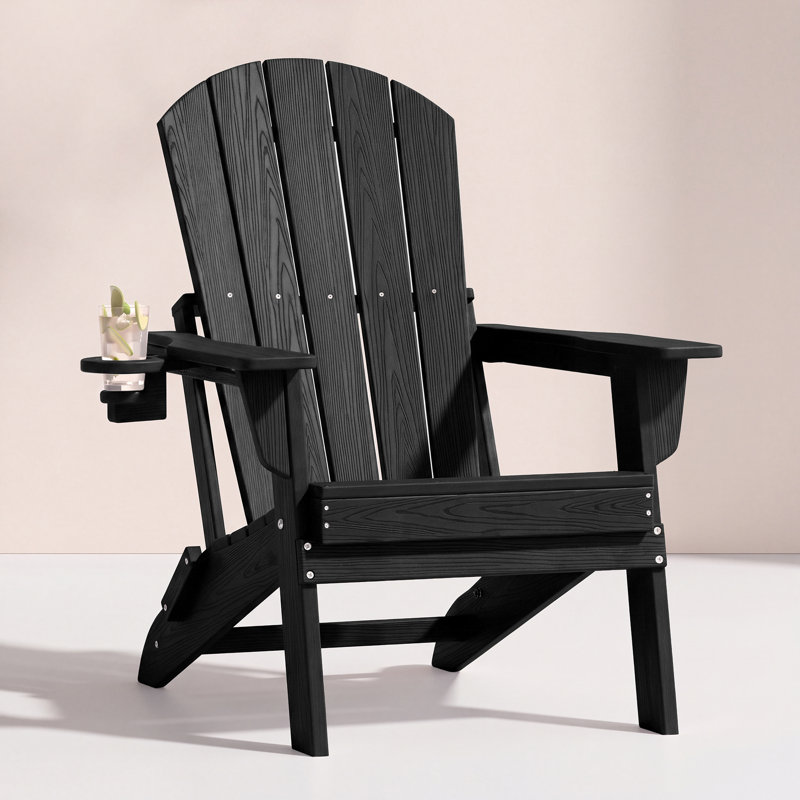 Folding Adirondack Chair, Wood Texture, Cup Holder, All-Weather HDPE for Poolside/Lawn, Black, Black