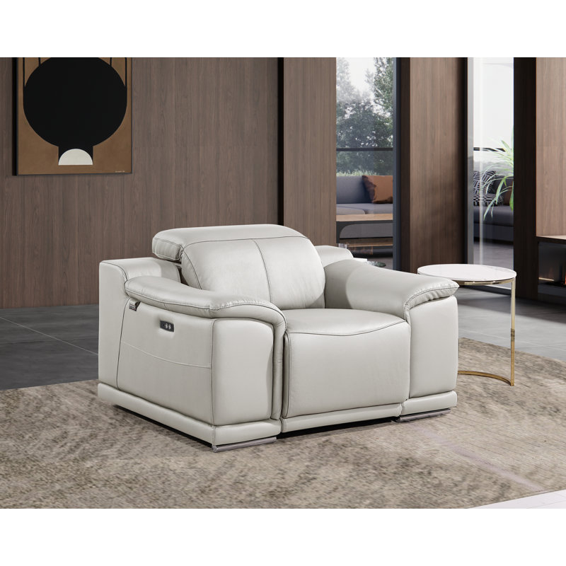 Top Grain Italian Leather Power Reclining Chair With Power Headrest, Light Gray