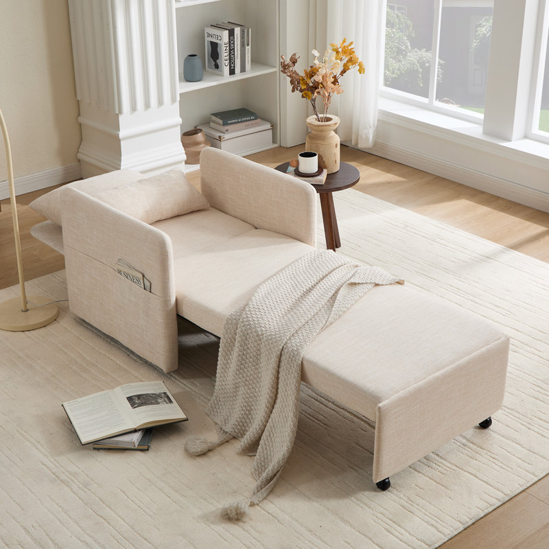  87'L 3-In-1 Convertible Chair Linen Sleeper with Adjustable Backrest and Storage Bag Set Of 2, Beige Linen