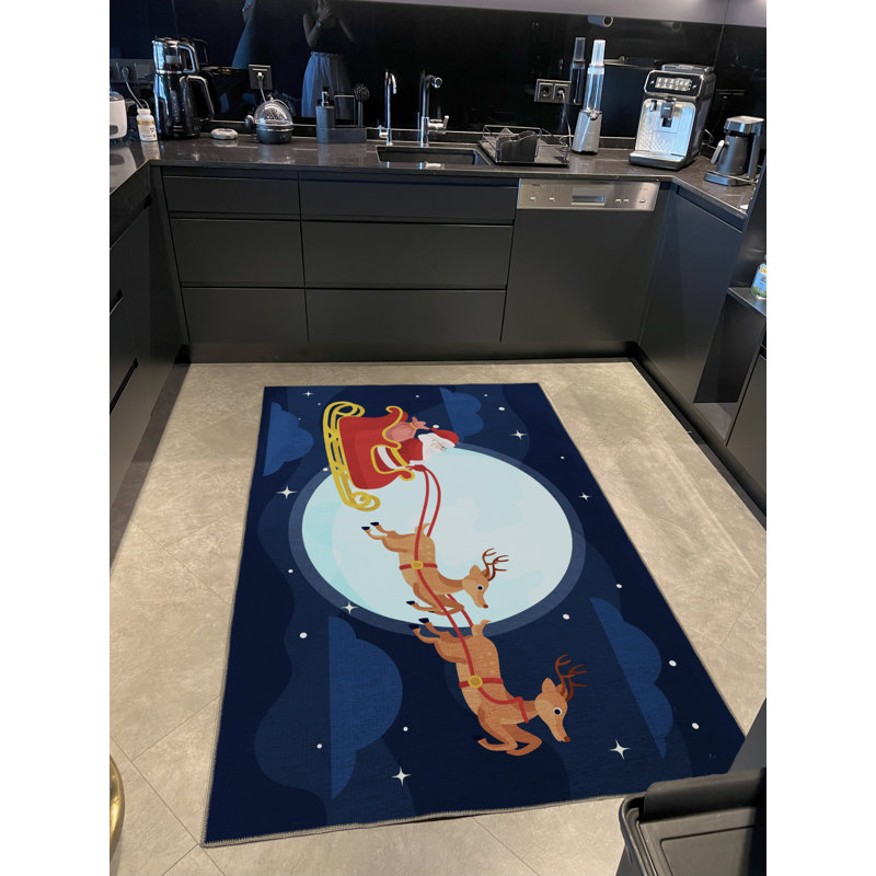 Tapis décoratif bleu à motif de père Noël et de renne, Rectangle 3 pi 11,24 po x 5 pi 10,87 po