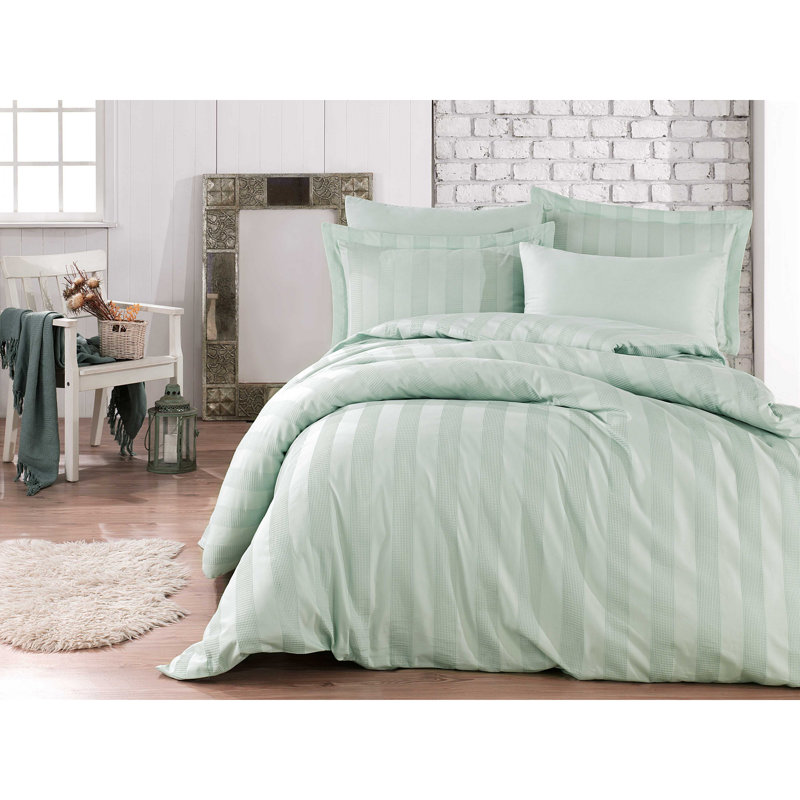 Luxurious Wafel Satin Double Quilt Cover Set, Sea Green | 100% Cotton, Duvet Cover 78.7 x 86.6, Flat Sheet 94.5 x 102.4, 2 Pillowcases 27.6 x 27.6 & 2 Oxford Pillowcases 19.7 x 27.6 | Machine Washable, 210 Thread Count, Button Closure
