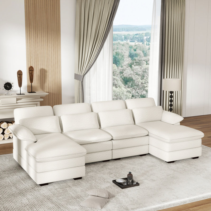 Balendin 111.8'' Soft U-Shape Sectional Couch Upholstered Sofa, Comfy Modular Cloud Couch, Ivory Chenille