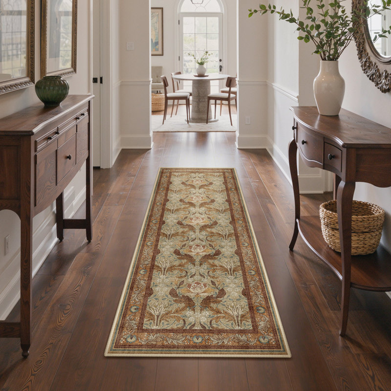 Floral Performance Non-Slip Machine-Washable Area Rug, Runner 2' x 6', Brown/Beige
