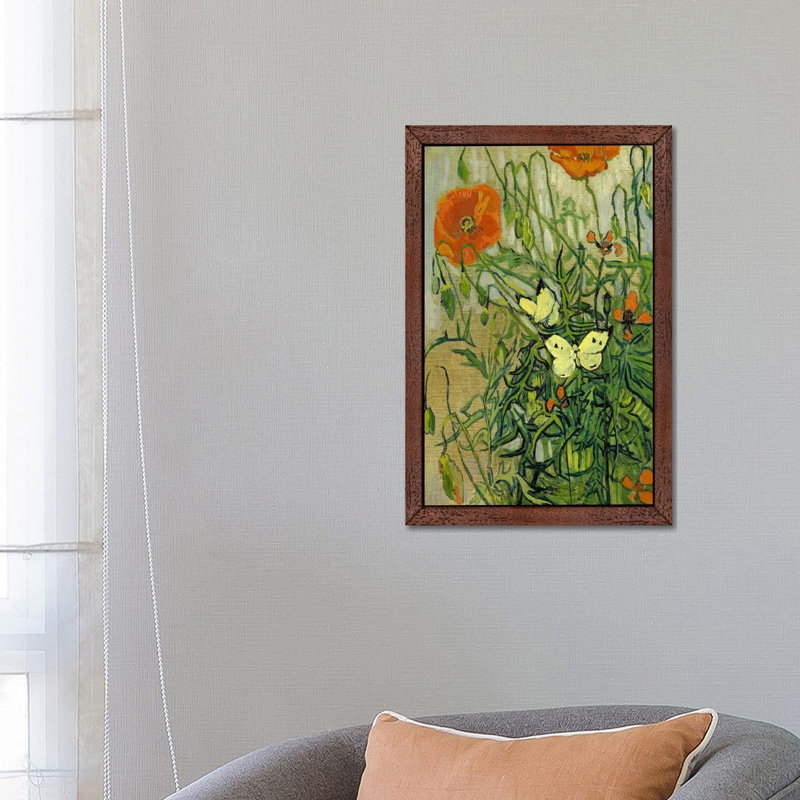 Butterflies And Poppies by Vincent Van Gogh - Floater Frame Painting on Canvas, 66.04 cm H x 45.72 cm W, Brown