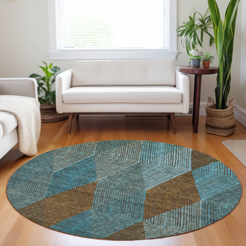 Teal Round 8 ft. Machine-Washable Synthetic Rug