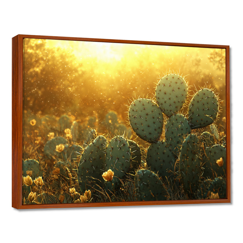 Marisca cactus dans la lumière dorée I - art mural cactus, 16" H x 32" W, Floater Framed, Brun