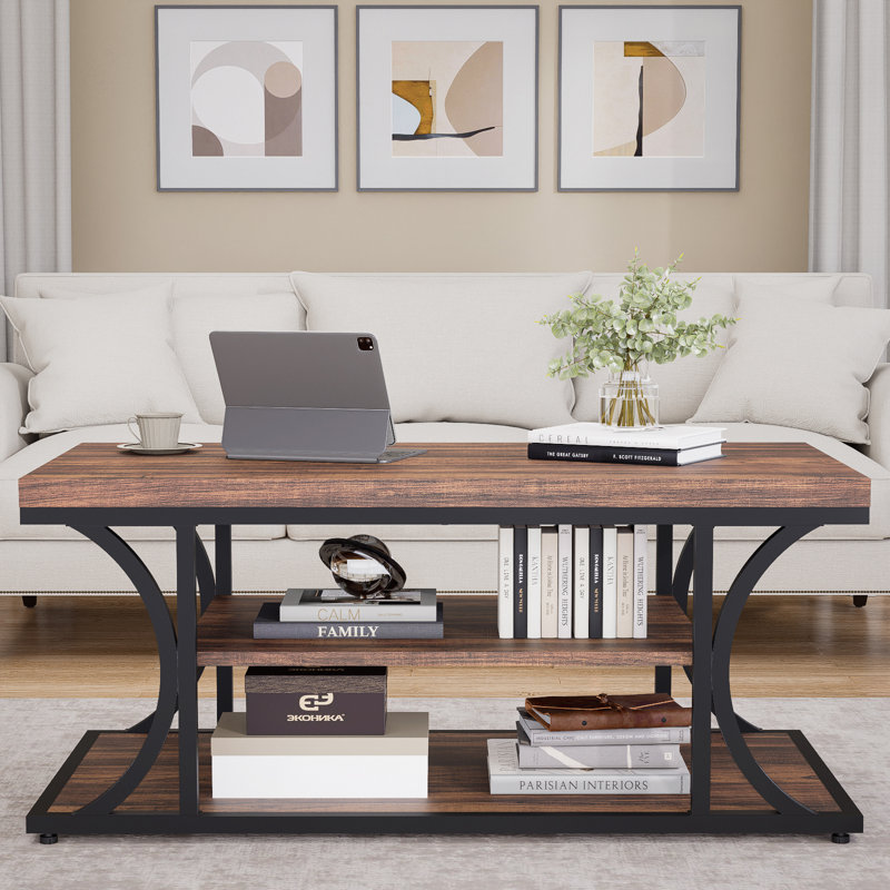 Table basse Farmhouse Mid-Century avec tablette de rangement, table basse industrielle à 3 niveaux pour le salon
