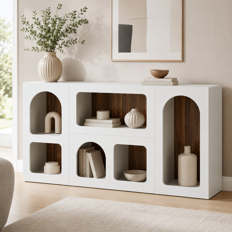 Table d'entrée multifonctionnelle, tablette de présentation à six compartiments, assemblage facile, bois blanc