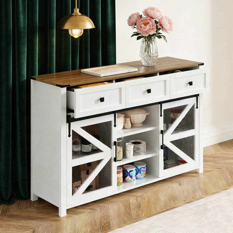 55-Inch Sliding Barn Door Sideboard with Adjustable Shelves, 3 Drawers, and Industrial Metal Accents for Versatile Home Storage.