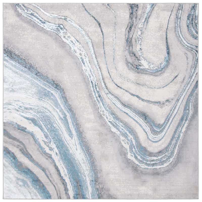 Shara Abstract Gray/Blue Area Rug, Square 3'