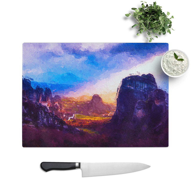 Tempered Glass Sunset over the Mountains in Greece Chopping Board, 39 cm W x 28.5 cm L