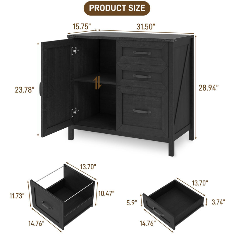Lateral File Cabinet With 3 Drawers, Black