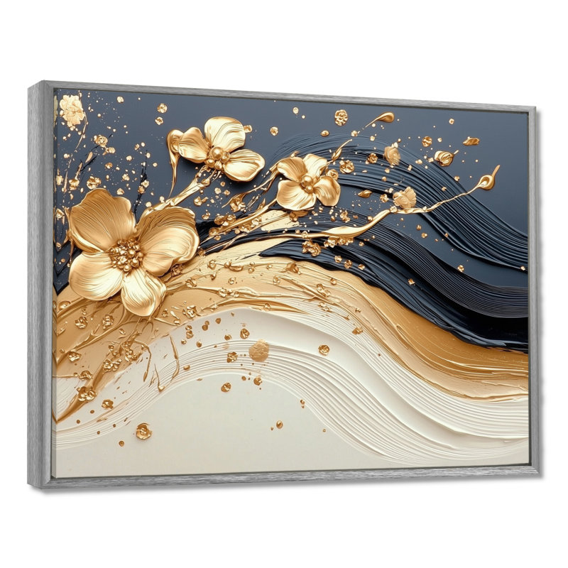 Fleur abstraite murmurant des vents I - Art mural floral abstrait dans le salon, H 16 po x l 32 po, Argent argent