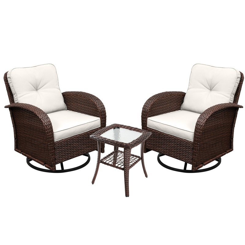  3-piece wicker swivel chairs with White cushions, White