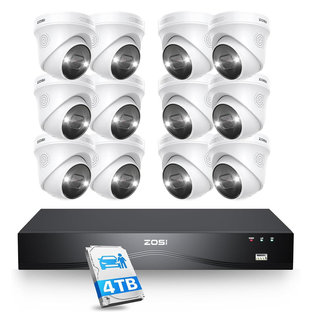 16CH 4K PoE NVR Security Camera System with 4TB HDD, 12pcs 4K Outdoor Spotlight Cameras, 2-Way Talk ZOSI