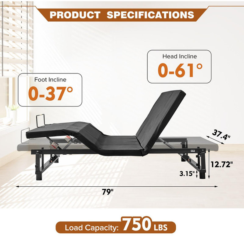 Adjustable Bed Base Frame with Quiet Motor Head and Foot Incline for Zero Gravity Experience