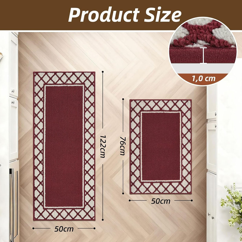 Gray Absorbent Kitchen Runner Rug Mats 2 Pieces for Kitchen, Nonslip TPR Backed Carpet Rugs, 50x76cm+50x122cm, Red