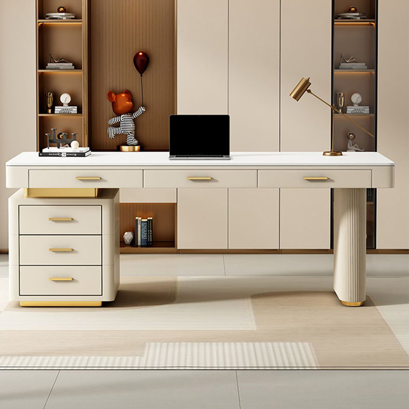 Bureau de direction blanc rectangulaire en pierre frittée avec tiroirs, Retour à gauche, H 29,53 po x l 70,87 po x P 27,56 po