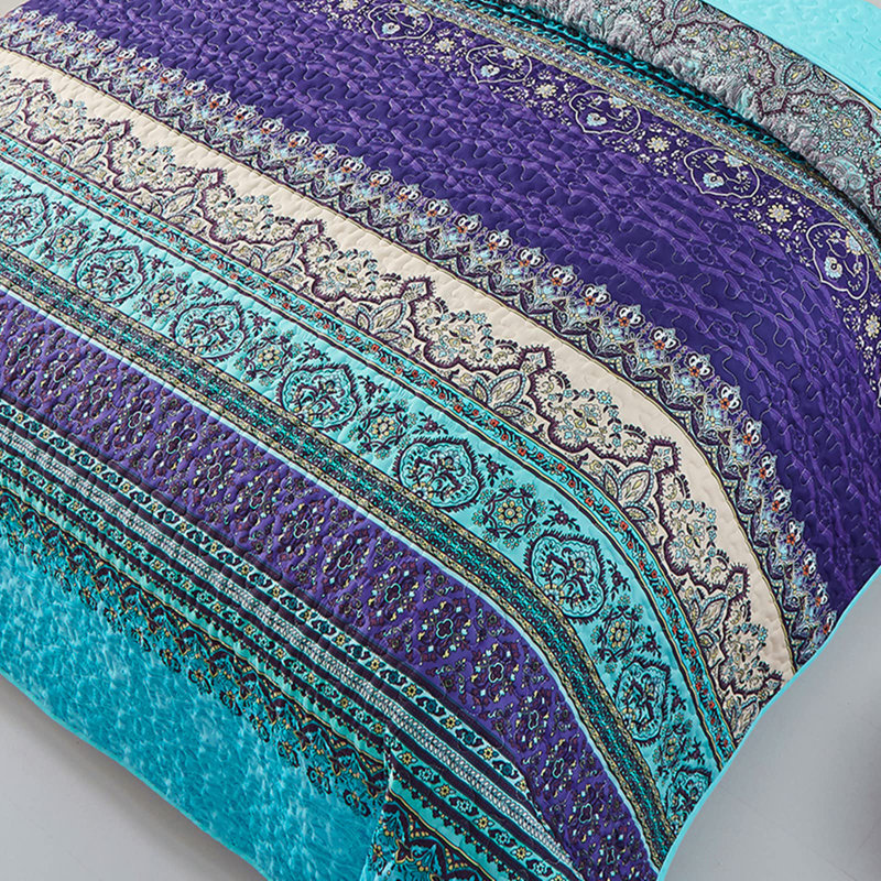 Ensemble de 3 courtepointe Boho Bohemian, Bleu / mauve, Courtepointe pour lit grand + deux taies décorati