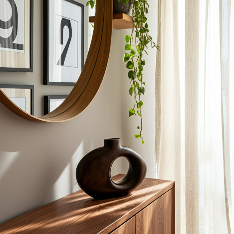 Vase de table décoratif en bois de manguier pour décoration intérieure, H 7 po x l 10 po, Marron foncé