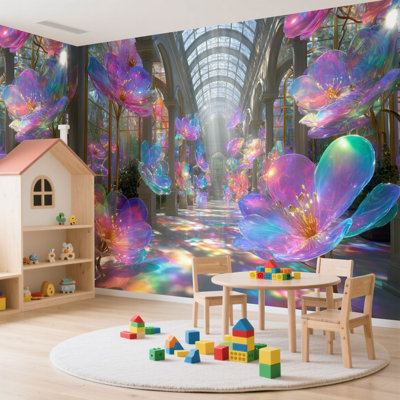 Peel and Stick Wallpaper 144" L x 100" W Modern Self Adhesive Wall Mural for Bedroom Magical Crystal Garden Glowing Iridescent Flowers Sunlit Architecture