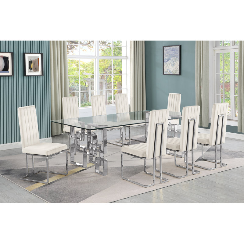 Ensemble de salle à manger en verre trempé transparent de 94 po x 46 po avec chaises en velours Hornick, Crème / argenté, 9