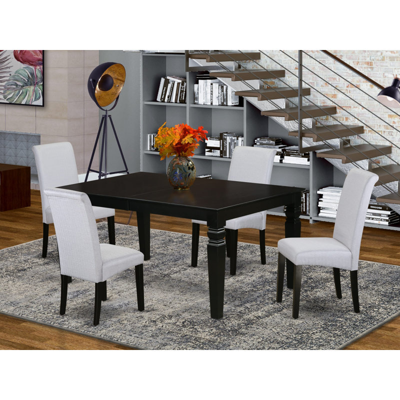 5 Piece Dinette Set Includes a Rectangle Dining Table with Butterfly Leaf and 4 Grey Linen Fabric Parson Dining Room Chairs, Black