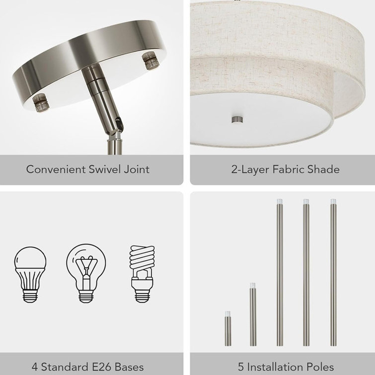 18" Pendant Light Fixture with 2-Layer Fabric Shade, Swivel Joint Hanging Light Fixture for Bedroom