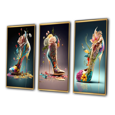 3 Piece Print Set - Gold Floral High Heel Shoes