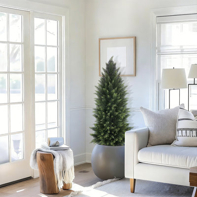 4ft Artificial Cedar Tree Set of 2 – Weatherproof Faux Evergreen with Black Planter for Indoor Outdoor Farmhouse Decor