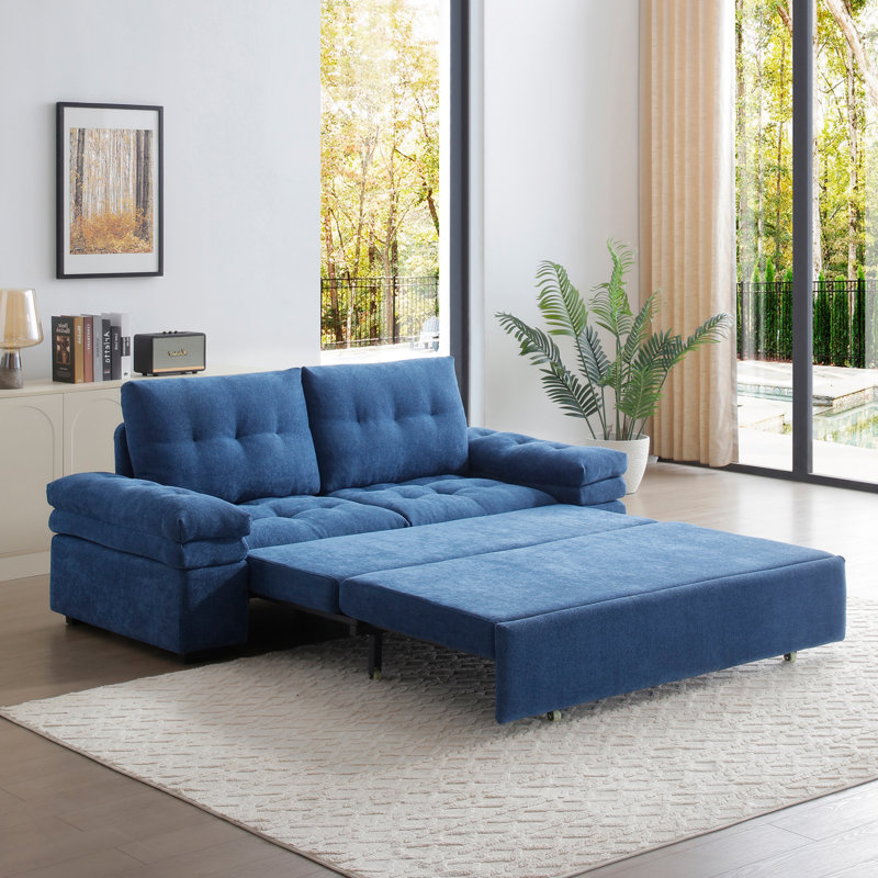 Munos Full Size Convertible Sleeper Sofa, 77" Pull Out Sofa Bed, Blue