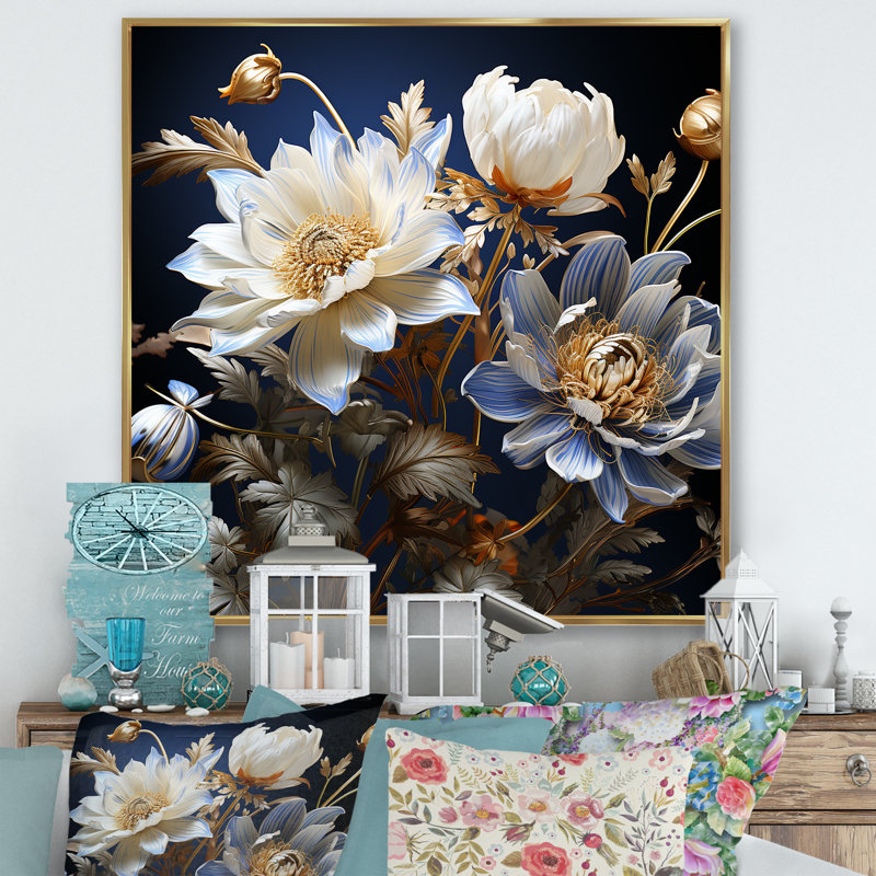 Impression moderne sur toile, bleu et blanc, H 30 po x l 30 po x P 1 po, Cadre flottant doré