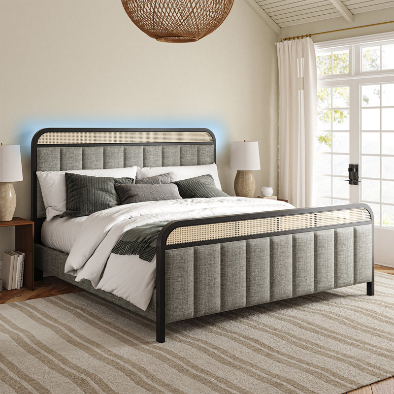 Aracellie Upholstered Solid Wood Platform Bed with Rattan Headboard Lighting, King, Gray
