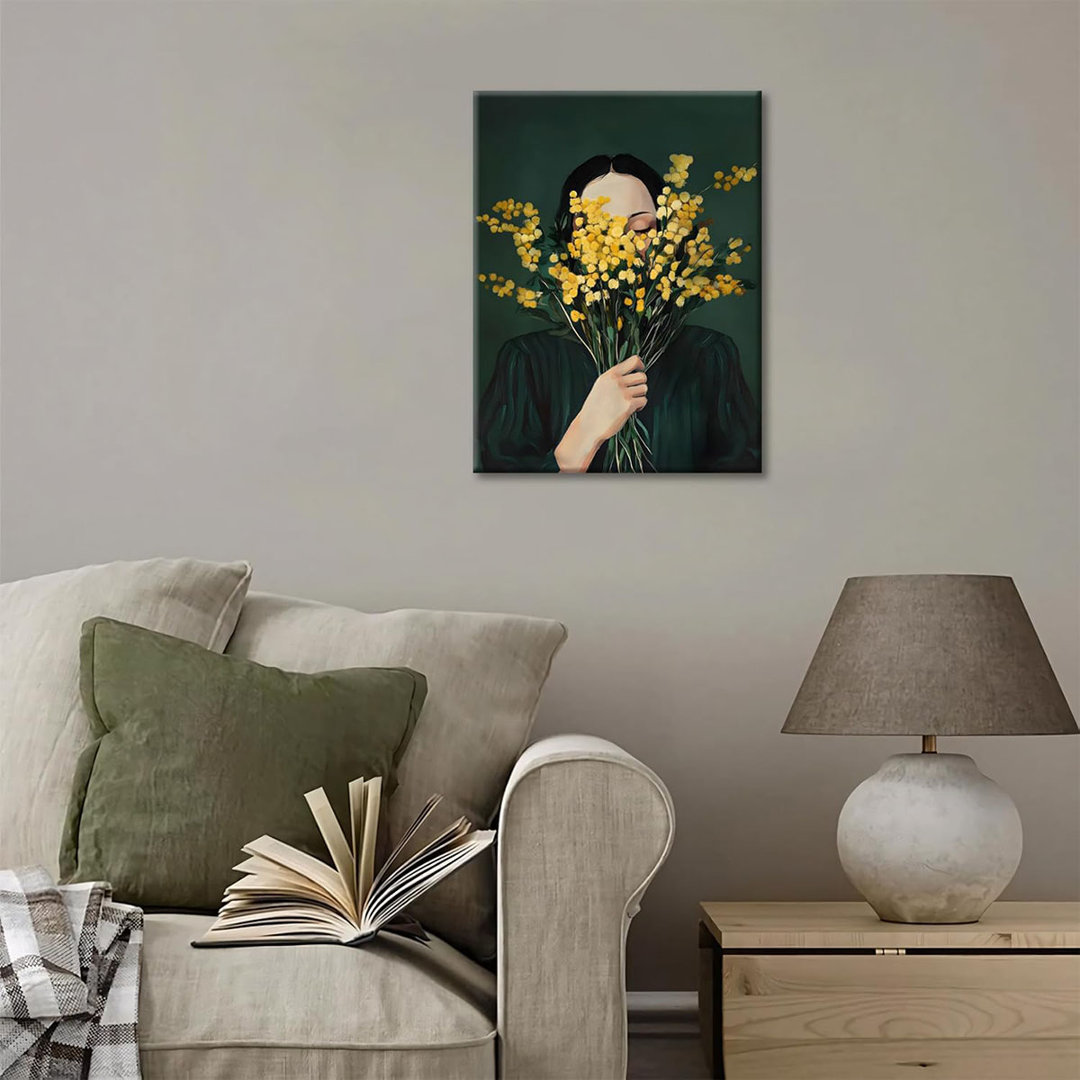 Green Abstract Woman Wall Art, Minimalist Figurative Oil Painting Of Woman Holding Mimosa Flowers, Modern Boho Neutral Canvas Print For Living Room Be