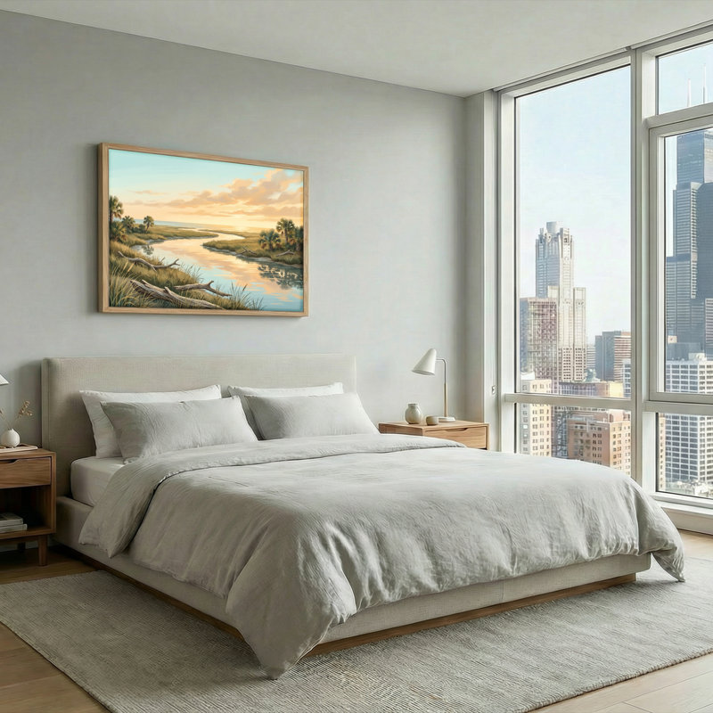 Ensemble de 1 tableau sur toile représentant une rivière au coucher du soleil, H 18 po x l 24 po, Naturel