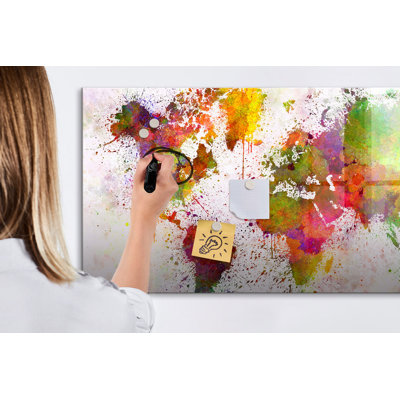 Magnetic Memo Board Whiteboard - 120 x 60 cm - With Marker and Magnets - Watercolor world map