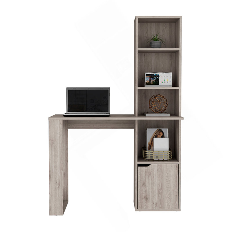 Bureau d'ordinateur avec armoire à une porte et tablette à 4 niveaux Bicknell, finition gris clair, Gris clair