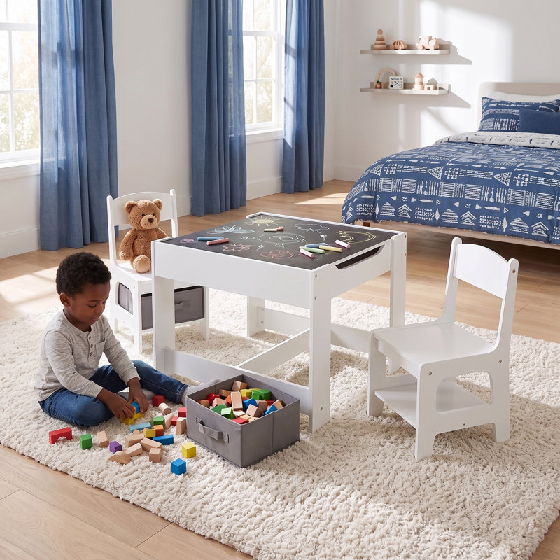 White Table and Two Chairs Set with Grey Storage Boxes