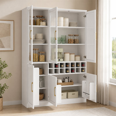 Meuble-bar à vin moderne blanc de 180 cm (70,82 pouces) avec porte vitrée et casier amovible pour 14 bouteilles, grand meuble de rangement pour salon/salle à manger.