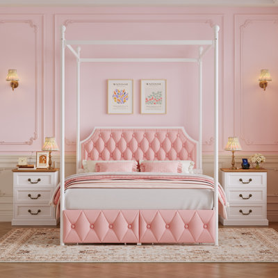 3-Piece Bedroom Sets, Metal Canopy Bed with Storage Drawers