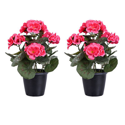 2Pack Artificial Geranium Potted Plant 10.23In Tall, Realistic Flowers With Vibrant Green Leaves For Indoor Outdoors Home Decor Valentine's Day Wedding Farmhouse Office Tables Decor