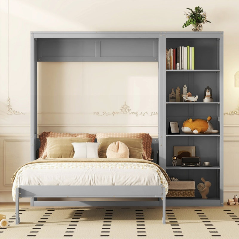 Grand lit escamotable avec tablettes - aucun sommier nécessaire, durable pour n'importe quelle pièce, gris