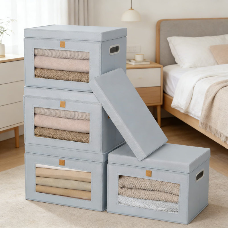 Grands bacs de rangement en tissu avec couvercles - paquet de 8 - Organisateur de garde-robe pliable avec fenêtre en PVC et poignées pour tablettes, sous le lit, vêtements, couvertures et organisation