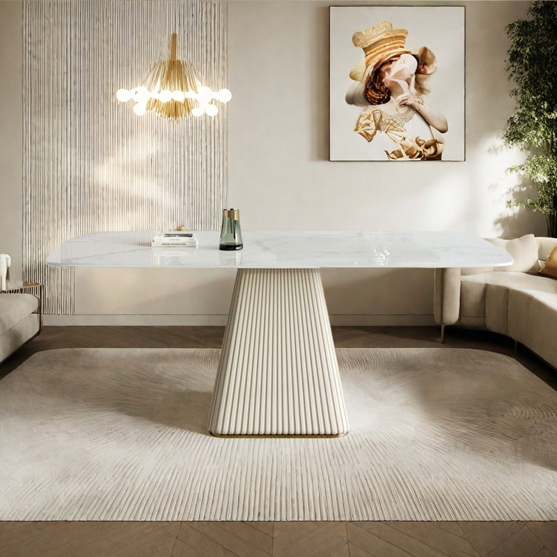 French cream-style sintered stone dining table, 29.53"H x 62.99"L x 29.53"W