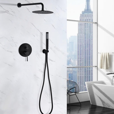 Matt Black Wall Mounted Shower With 10" Rain & Handheld Heads. Balance Valve, Skid Handle. 360 Rotatable. . 1.8 Gpm Flow. Swivel Spout. Compatible American Plumbing