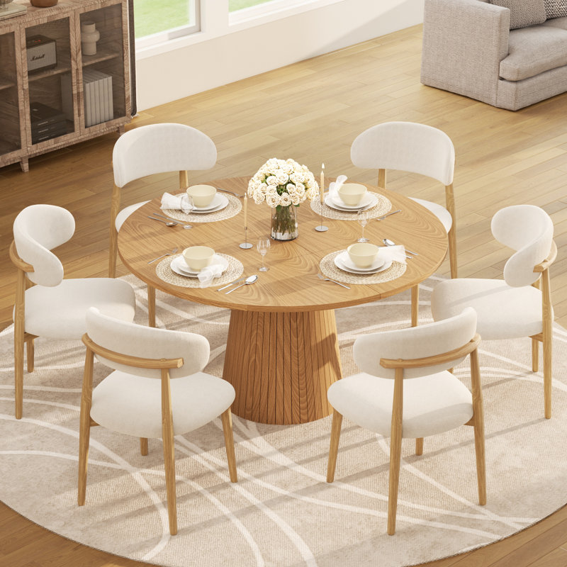 Ensemble de salle à manger de style Mid-Century pour 4-6 personnes, table à piédestal ronde en MDF et chaises en métal revêtues de lin