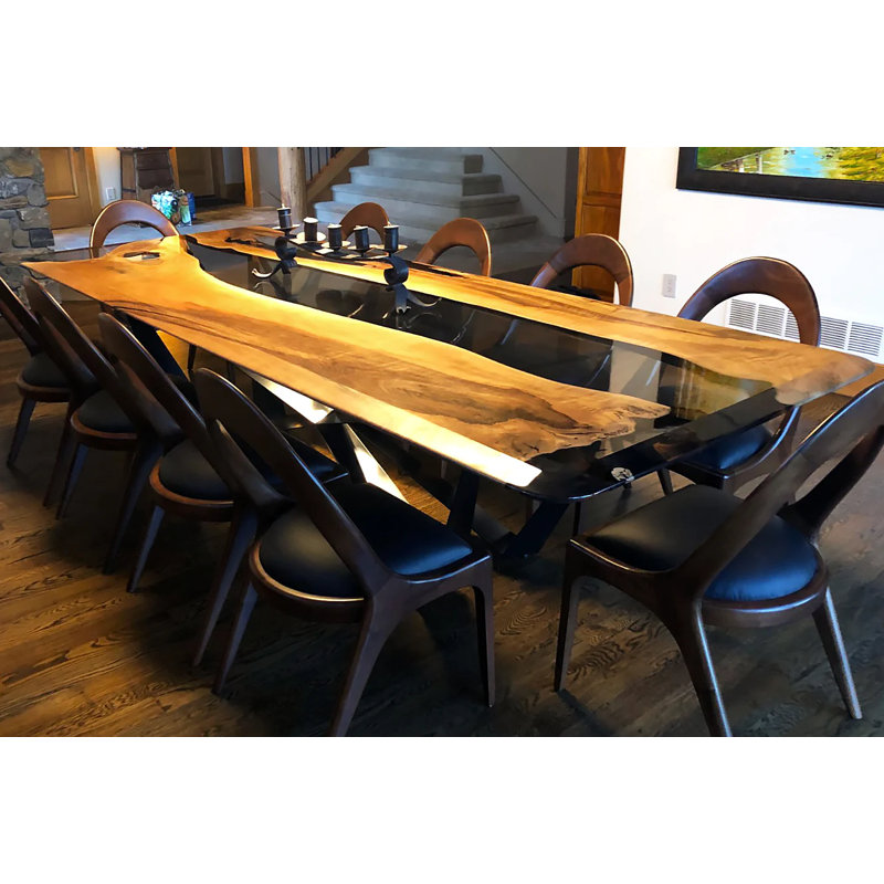 Danube Walnut Wood Dining Table, 48" W x 108.3" L, Brown/Clear/Black, Polished Black