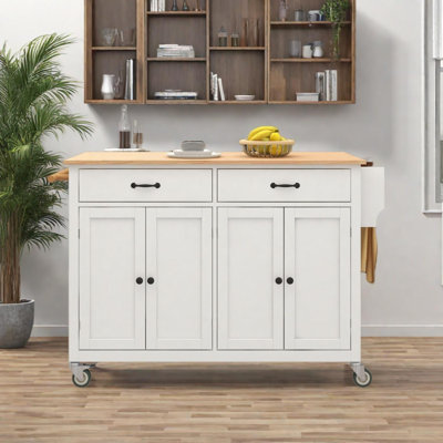 Kitchen Island Cart with 4 Door Cabinet, Drawers, Solid Wood Top, and Locking Wheels by Lark Manor